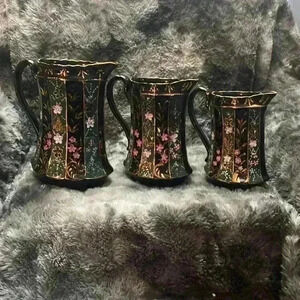 3 Black Glazed Pottery  antique style water jugs